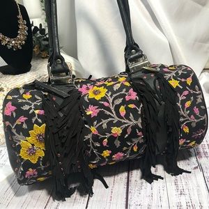 Mary Frances Mini Duffle Barrel Bag Rhinestone Beaded Embroidered Fringe Tote
